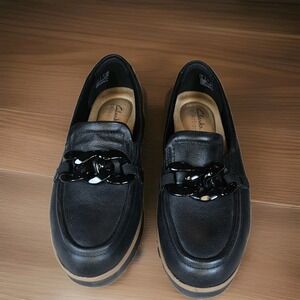 Clarks Black Leather Mules with Chain Detail